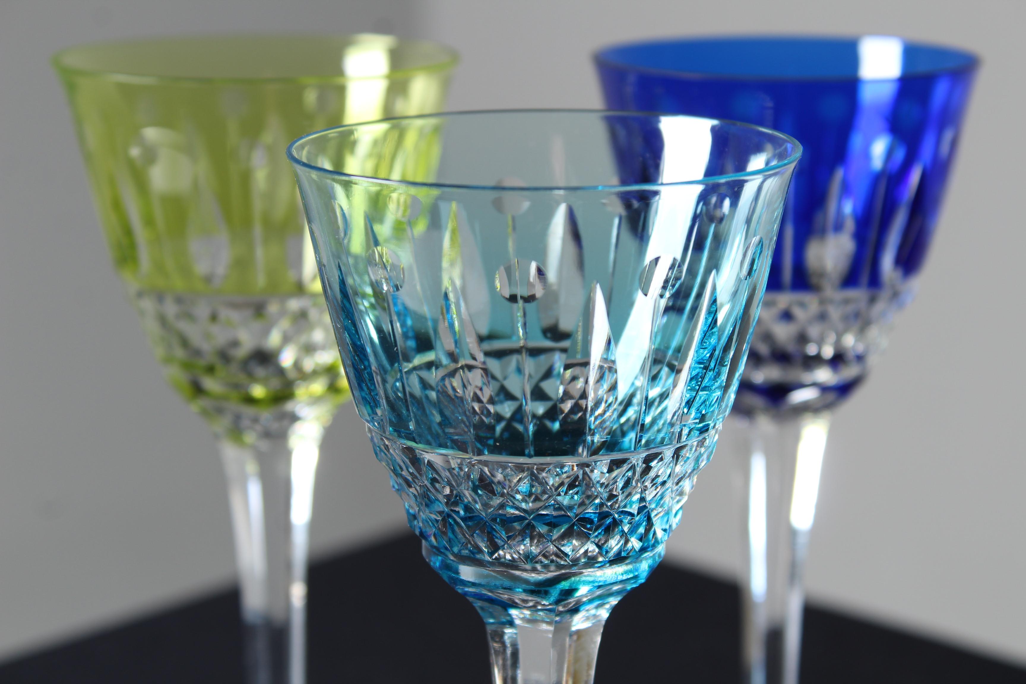 Hand-Carved 3 Bohemian Aperitif Glasses, 1880s, France, Crystal Glass  For Sale