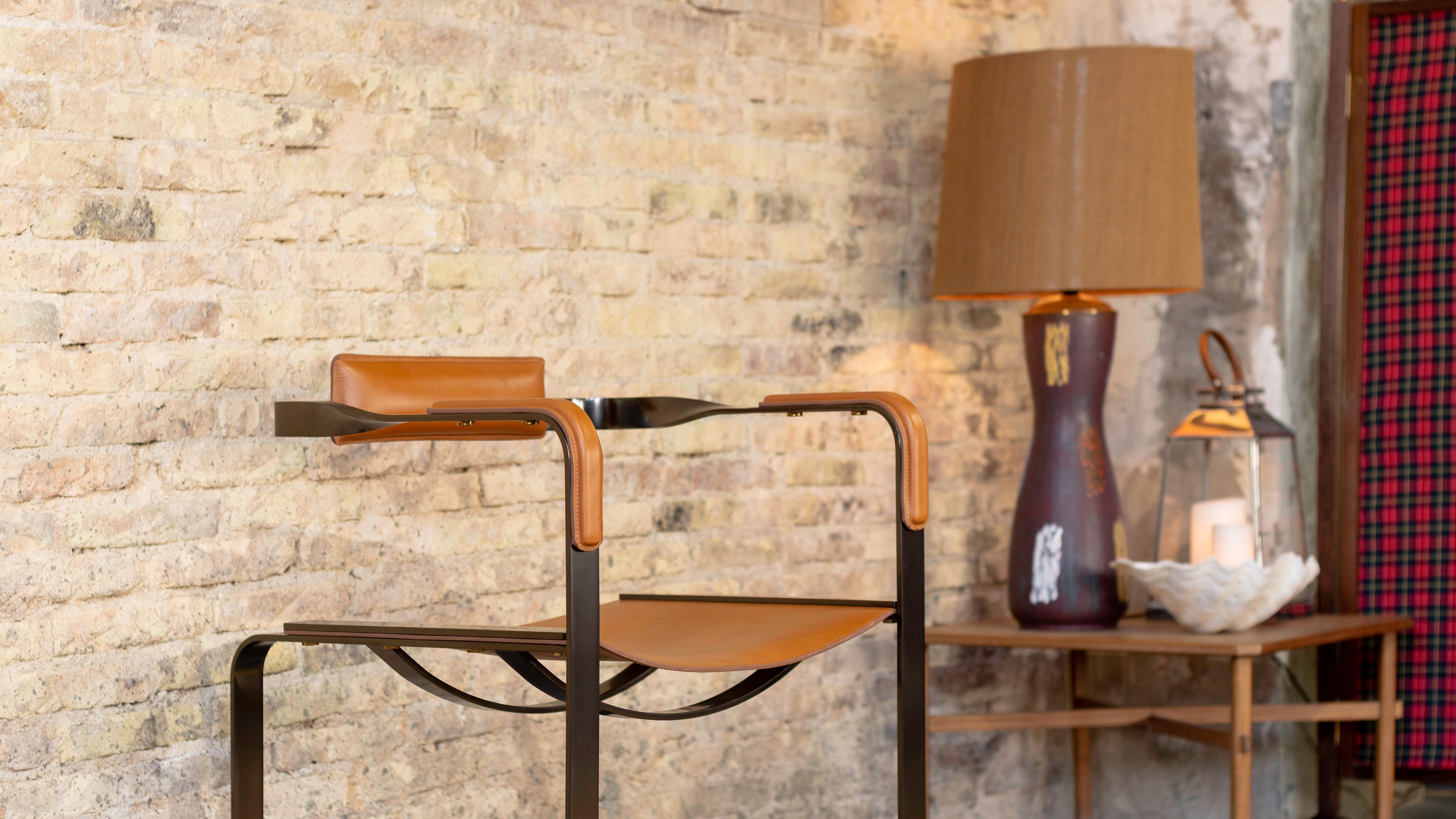 3er-Set Sessel, Stahl gealtert & schwarzes Sattelleder, Contemporary Style im Angebot 9