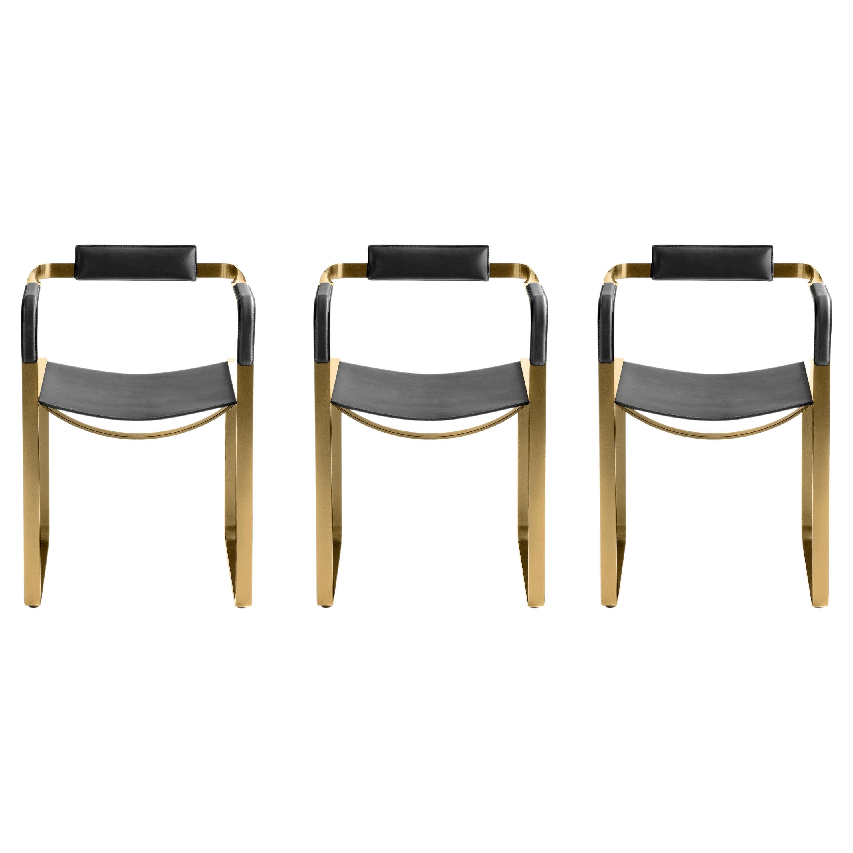 Set of 3 Armchair, Aged Brass Steel & Black Saddle Leather, Contemporary Style For Sale