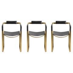 Set of 3 Armchair, Aged Brass Steel & Black Saddle Leather, Contemporary Style