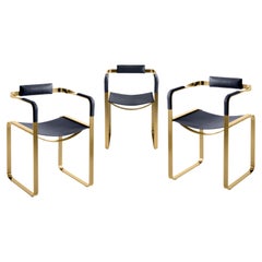 Set of 3 Armchair, Aged Brass Steel & Blue Navy Saddle, Contemporary Style