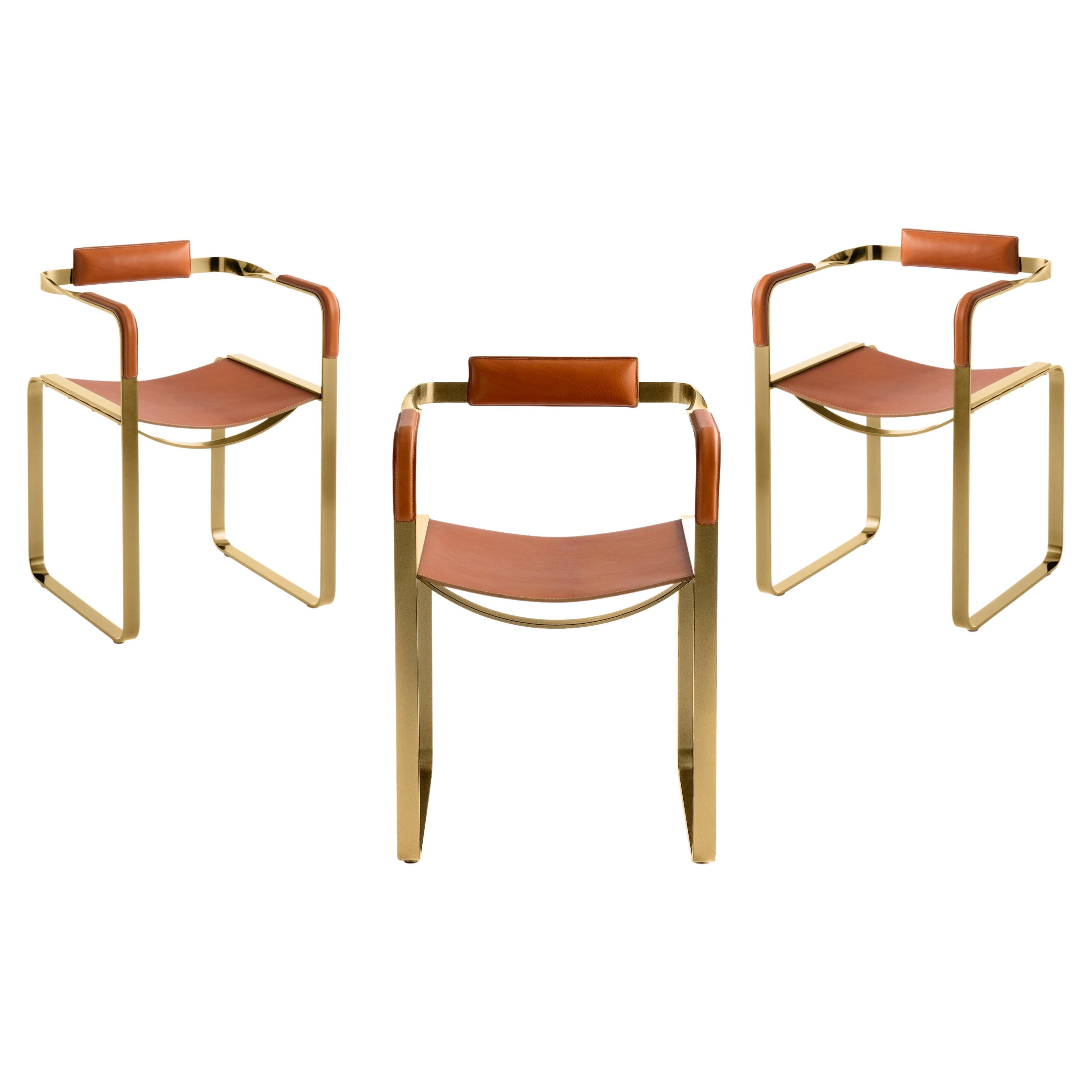 Set of 3 Armchair, Aged Brass Steel & Natural Tobacco Saddle, Contemporary Style For Sale