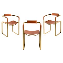 Set of 3 Armchair, Aged Brass Steel & Natural Tobacco Saddle, Contemporary Style