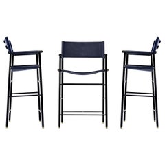 Set di 3 poltrone sgabello bar w. Schienale in pelle blu navy e metallo in gomma nera