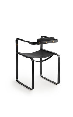Set of 3 Armchair, Black Smoke Steel and Black Leather, Contemporary Style