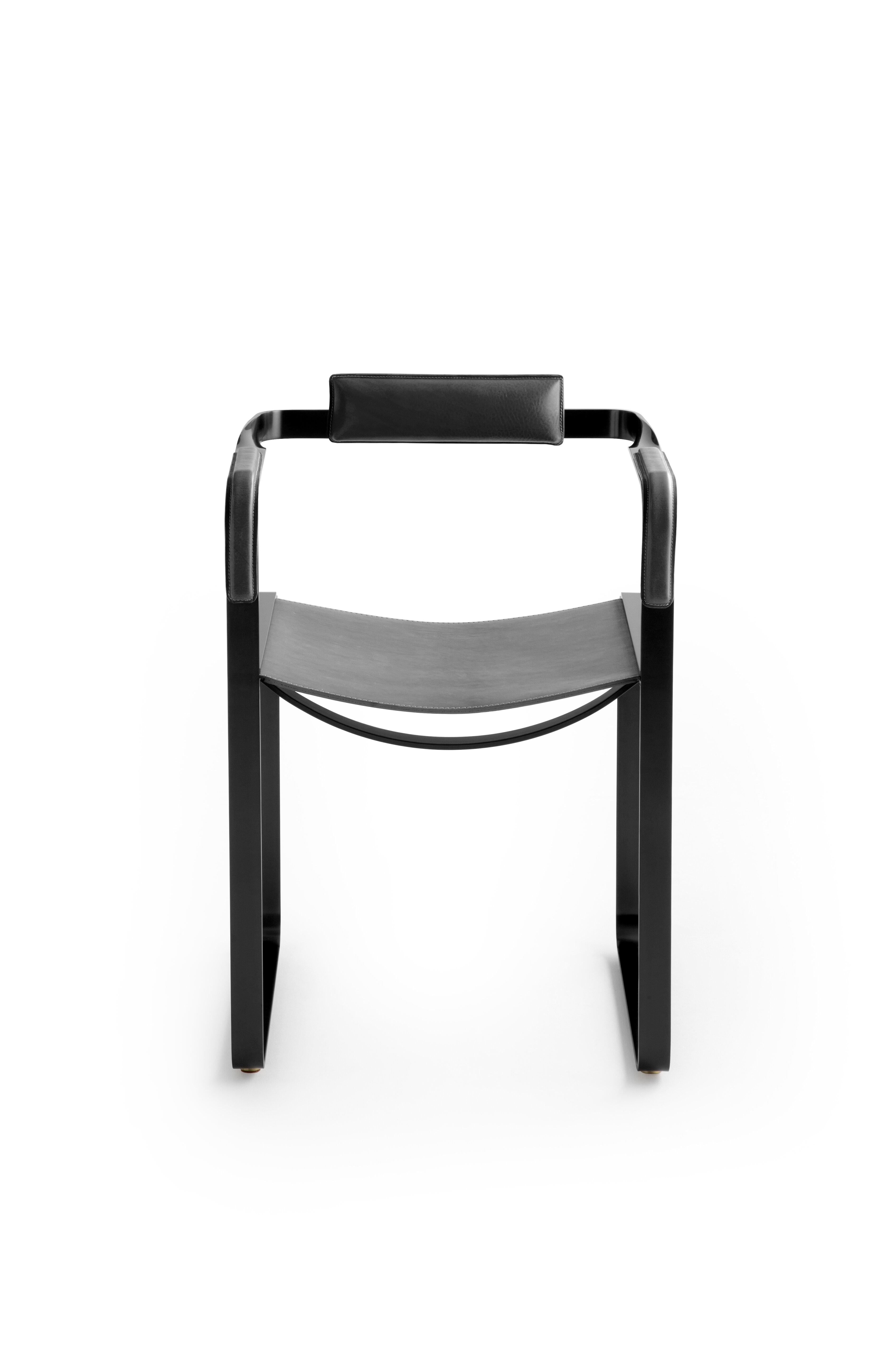 Minimalist Set of 3 Armchair, Black Smoke Steel and Black Leather, Contemporary Style For Sale