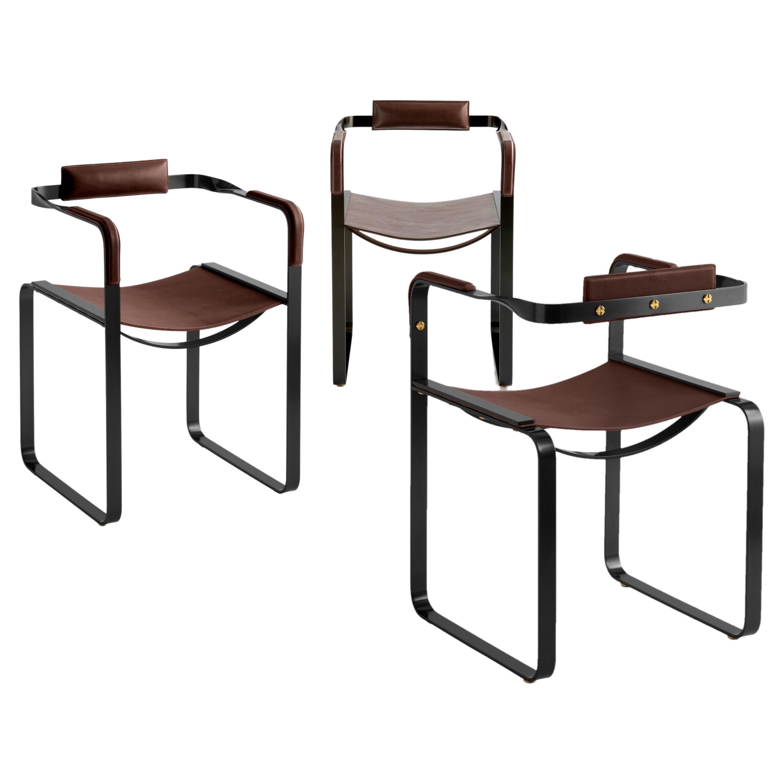 Set of 3 Armchair, Black Smoke Steel and Dark Brown Saddle, Contemporary Design For Sale