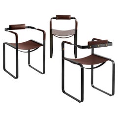 Set of 3 Armchair, Black Smoke Steel and Dark Brown Saddle, Contemporary Design