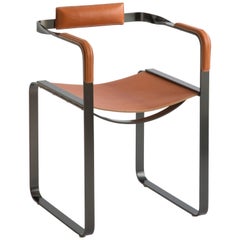 Set of 3 Armchair Black Smoke Steel & Natural Tobacco Leather Contemporary Style