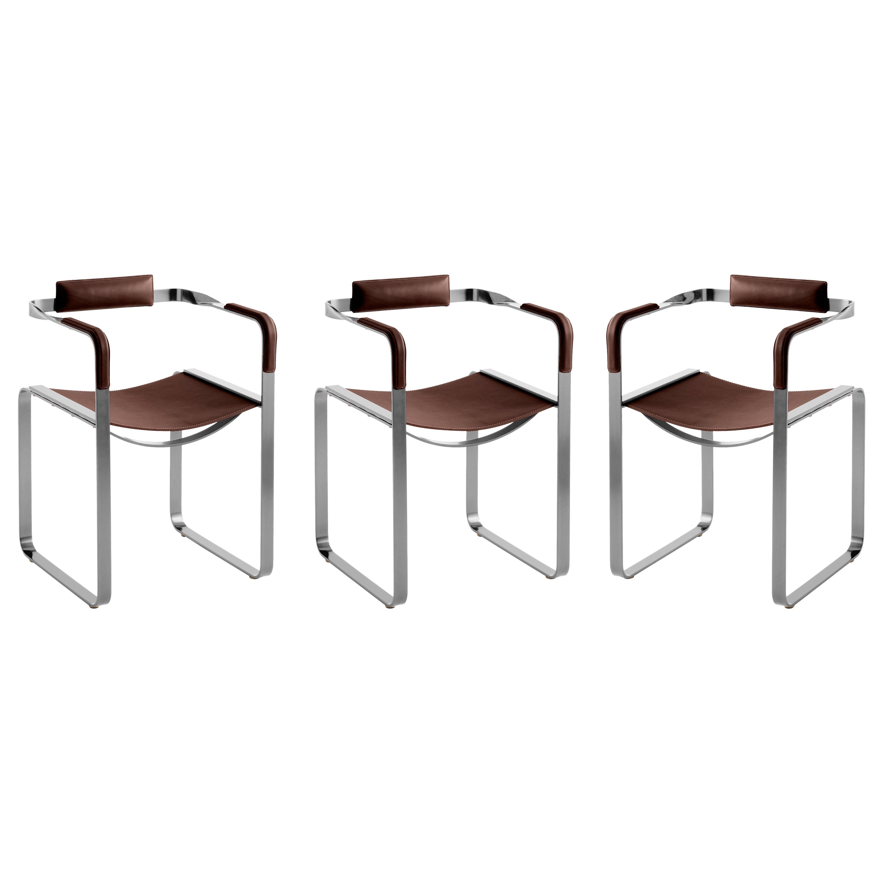 Juego de 3 Sillones, Acero Plata Vieja y Sillín Marrón Oscuro, Estilo Contemporáneo