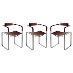 Juego de 3 Sillones, Acero Plata Vieja y Sillín Marrón Oscuro, Estilo Contemporáneo