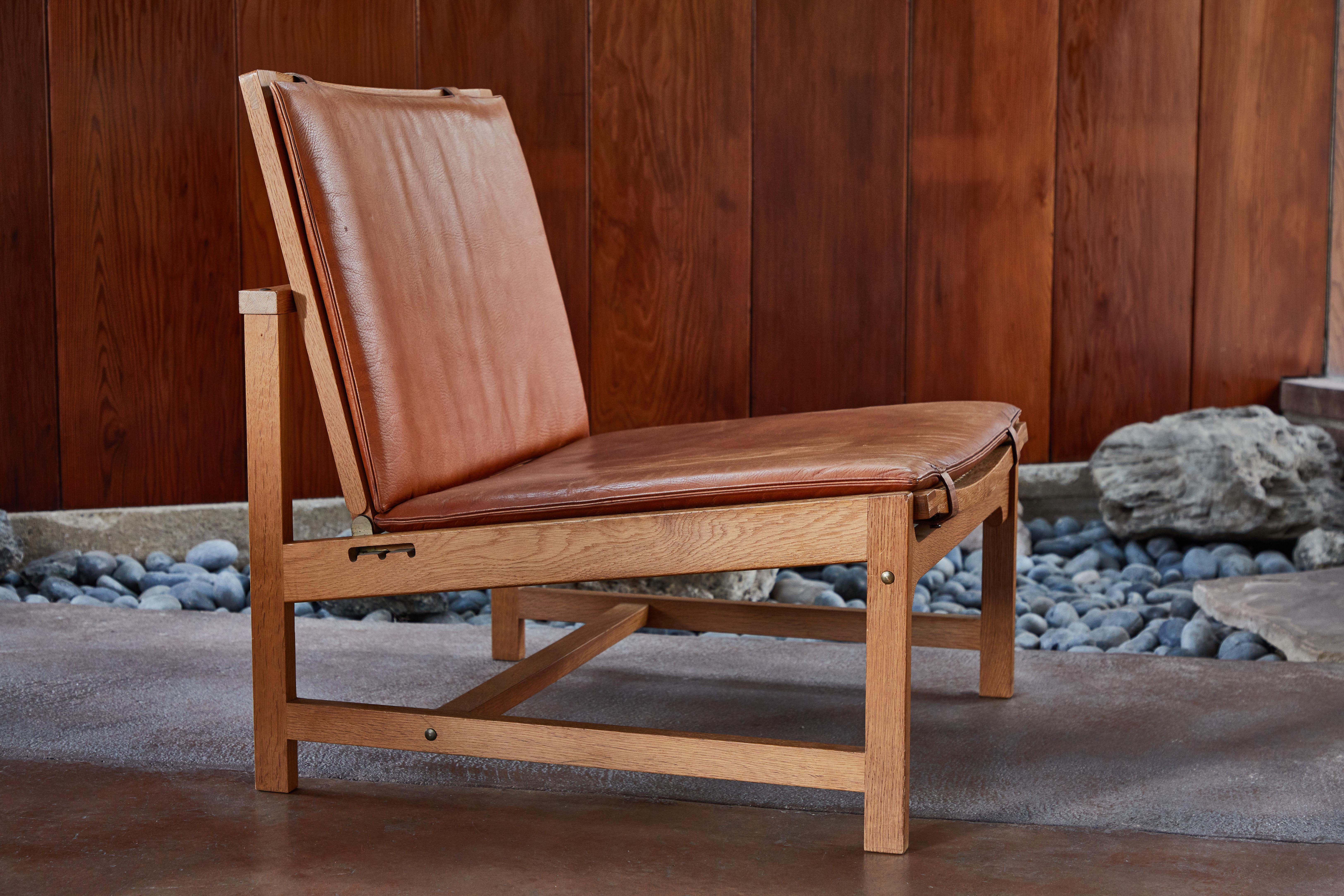 Patinated Set of 3 Arne Karlsen & Peter Hjort Leather & Wicker Lounge Chairs with Ottoman