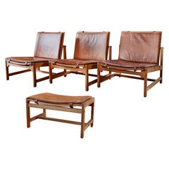 Set of 3 Arne Karlsen & Peter Hjort Leather & Wicker Lounge Chairs with Ottoman