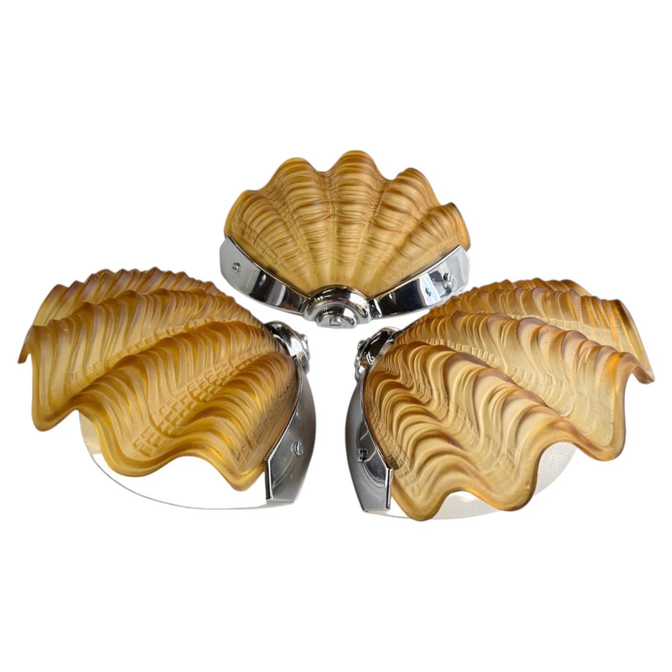Set of 3 Art Deco Amber Shellbwall lights
