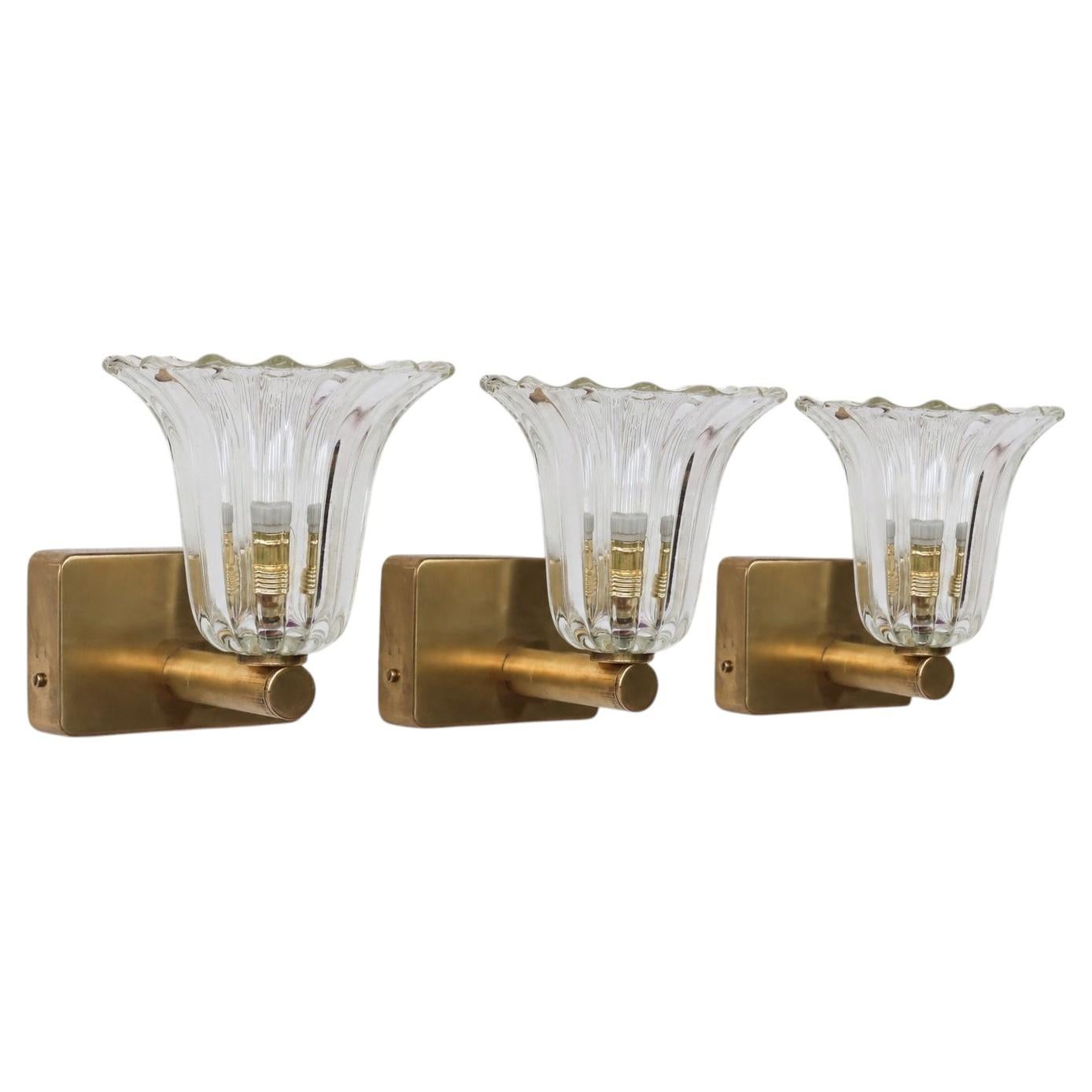 Set of 3 Art Decò Barovier & Toso Wall Light Murano Art Glass and Brass, 1940s