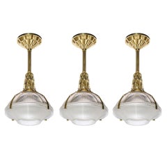 Set of 3 Art Deco Bronze & Prismatic Glass Holophane Pendants by E.J. Ruhlmann