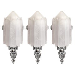 Set of 3 Art Deco Cubist Skyscraper Style Aluminum & Frosted Glass Sconces 