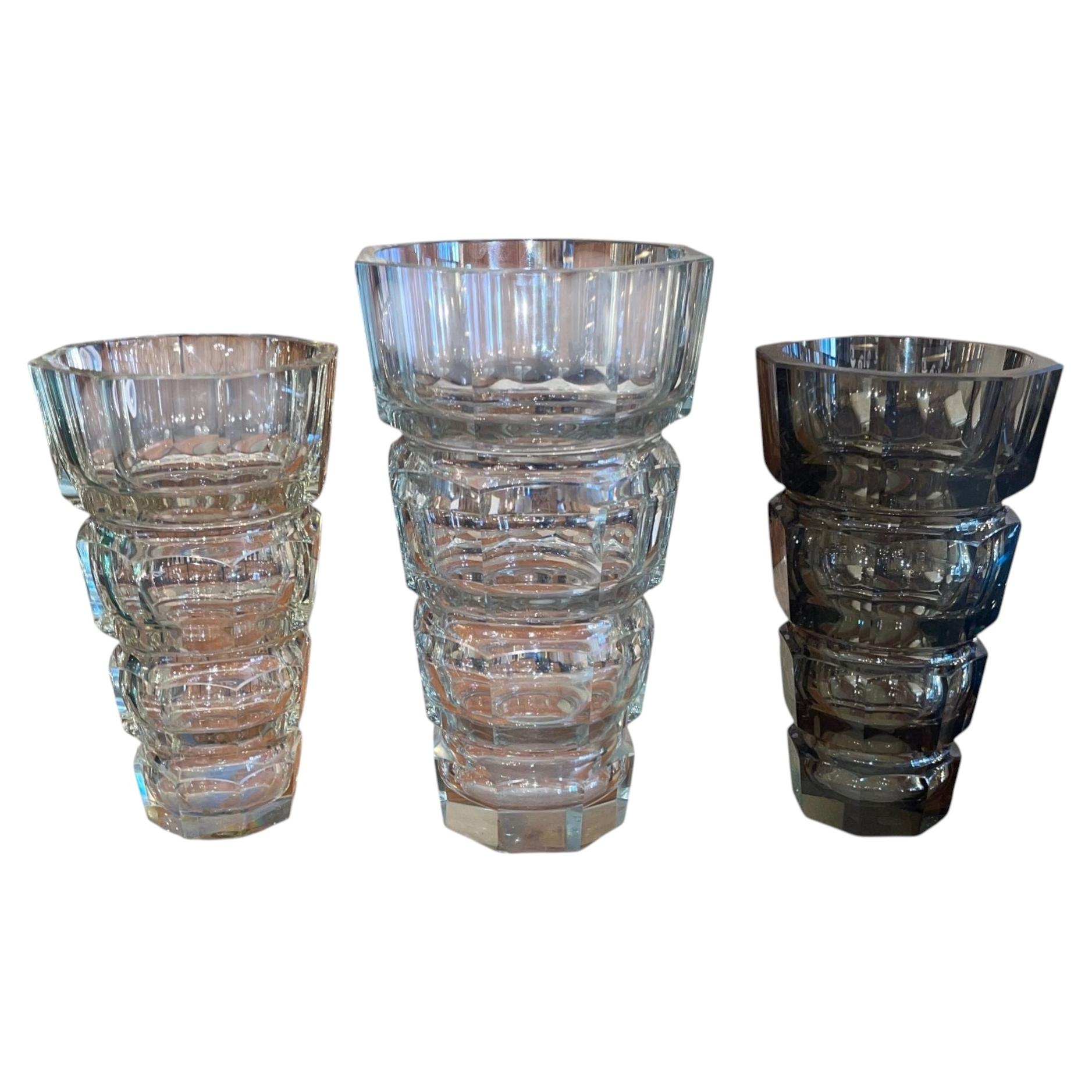 Set of 3 Art Deco Cut Crystal Vases in the Manner of Josef Hoffmann for Moser. For Sale