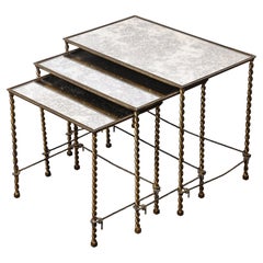 Set of 3 Art Deco Gilt Bronze Rope Form Nesting Tables W/ Antiqued Mirror Glass