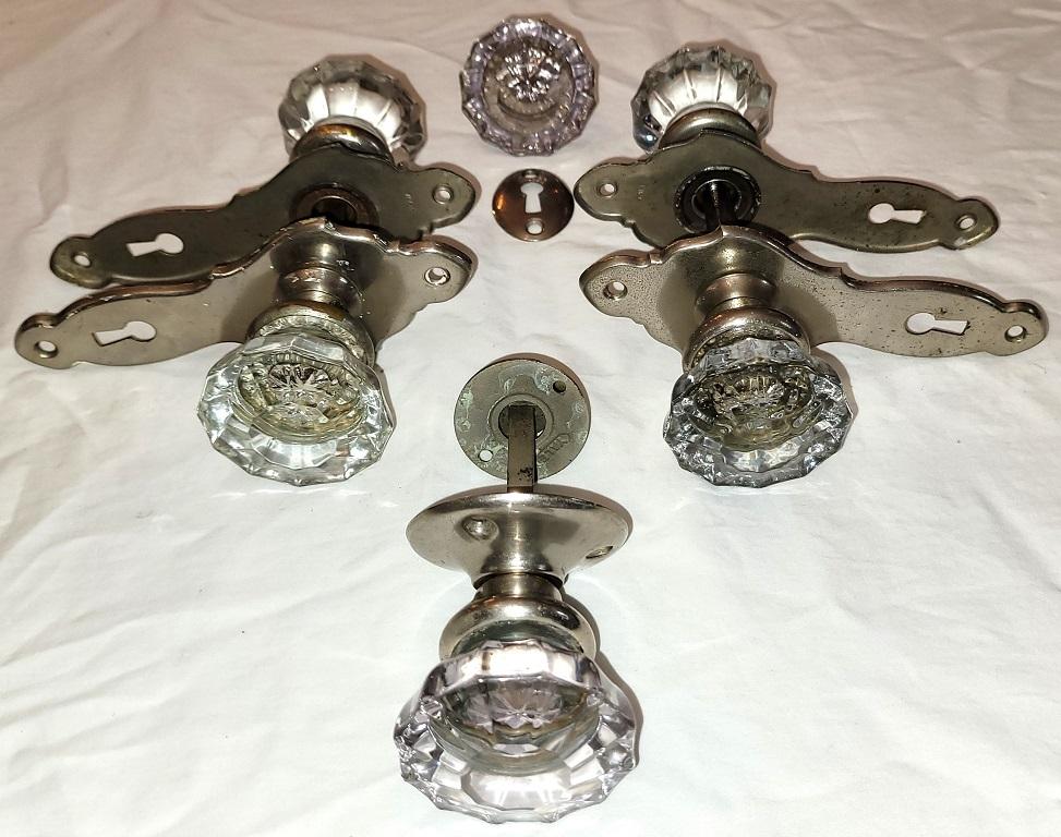 Presenting a gorgeous set of 3 Art Deco glass door handles with plates.

Amazingly complete set!

Probably made in the US circa 1925-30.

These are without doubt Art Deco in style and from the period.

They were salvaged from a Mansion in Dallas