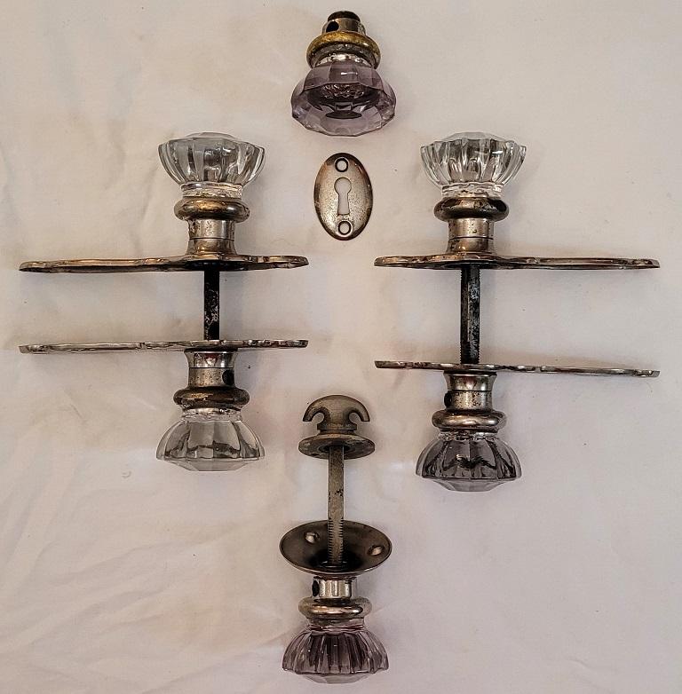 Hand-Crafted Set of 3 Art Deco Glass Door Handles with Plates For Sale