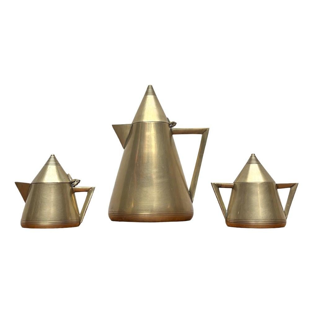 Set di 3 teiere, zuccheriere e lattiere in metallo Art Deco, anni '60
