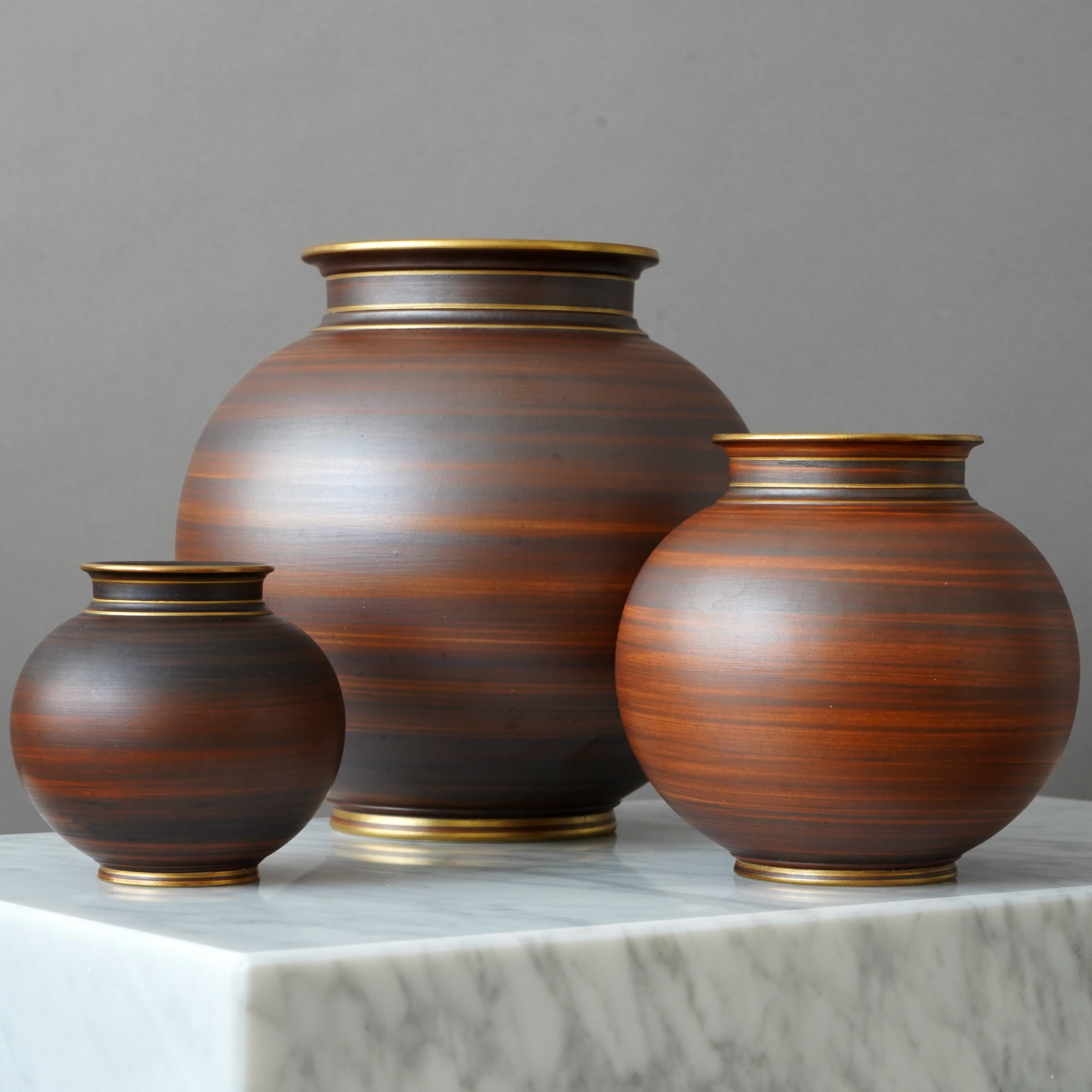 Swedish Set of 3 Art Deco Stoneware Vases by Gunnar Nylund for ALP, Sweden, 1930s