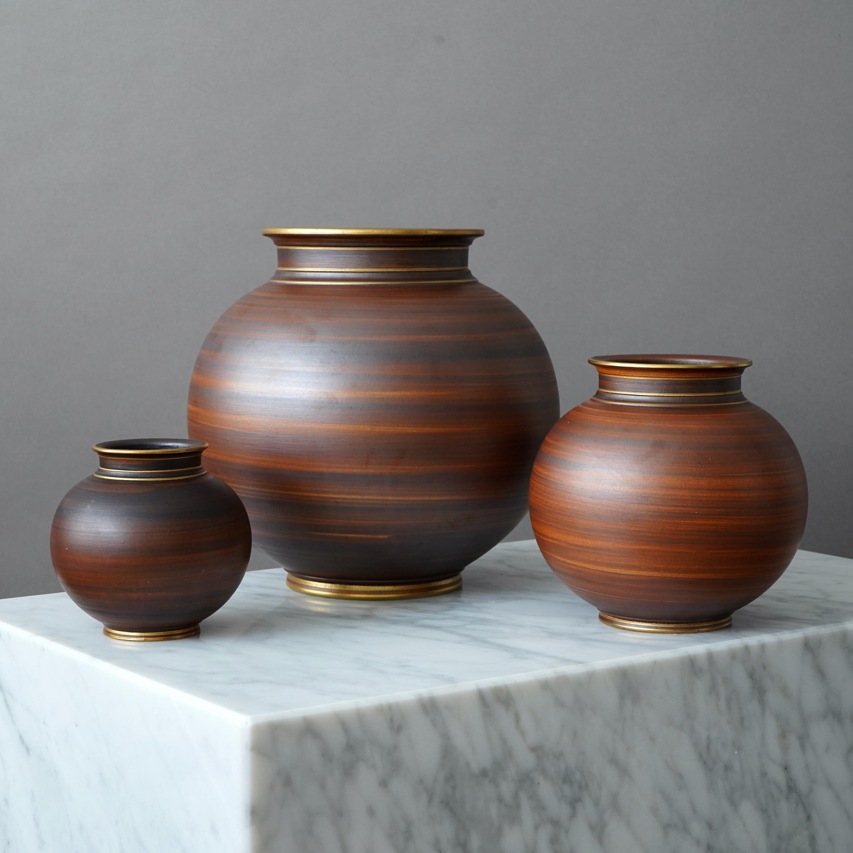 20th Century Set of 3 Art Deco Stoneware Vases by Gunnar Nylund for ALP, Sweden, 1930s