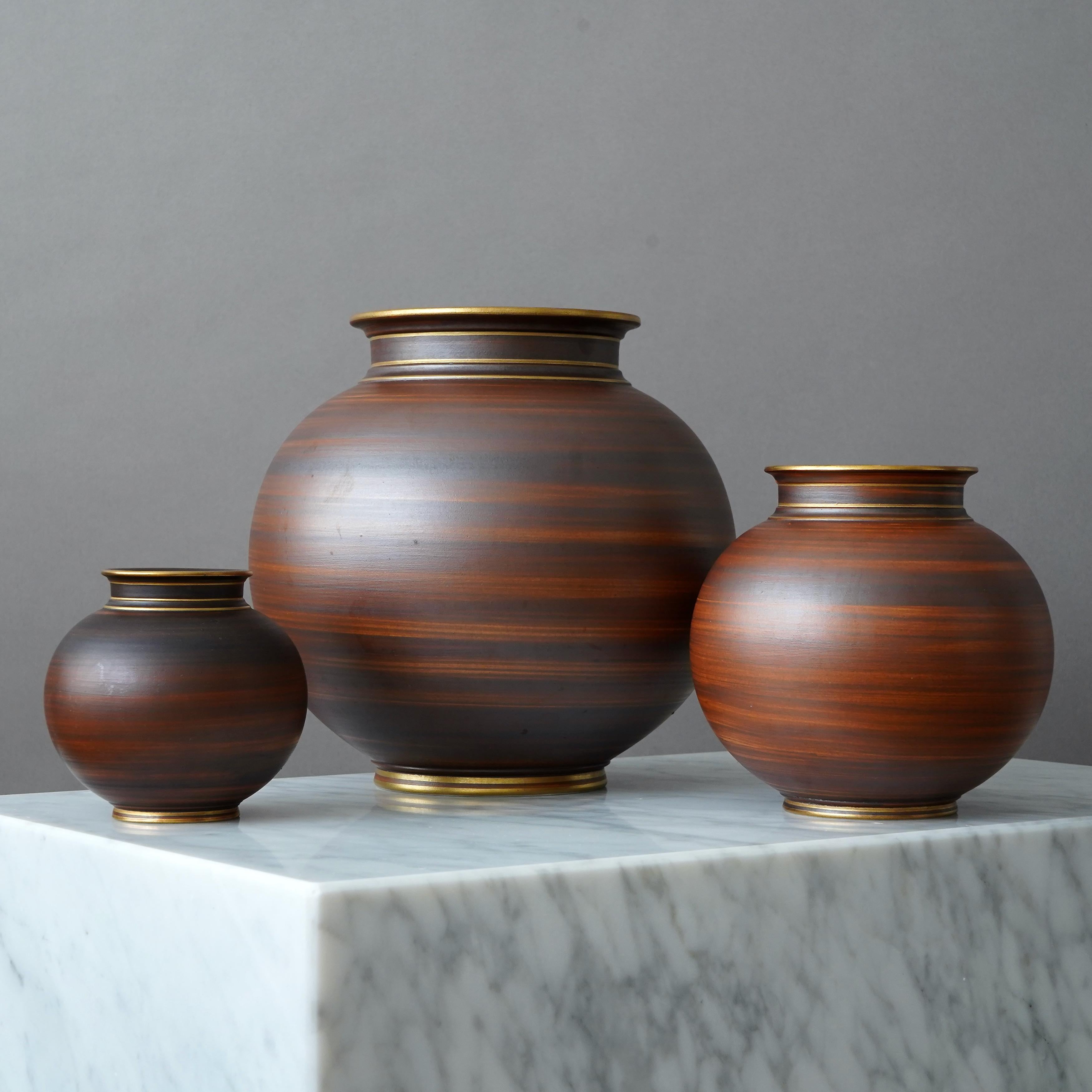 Ceramic Set of 3 Art Deco Stoneware Vases by Gunnar Nylund for ALP, Sweden, 1930s