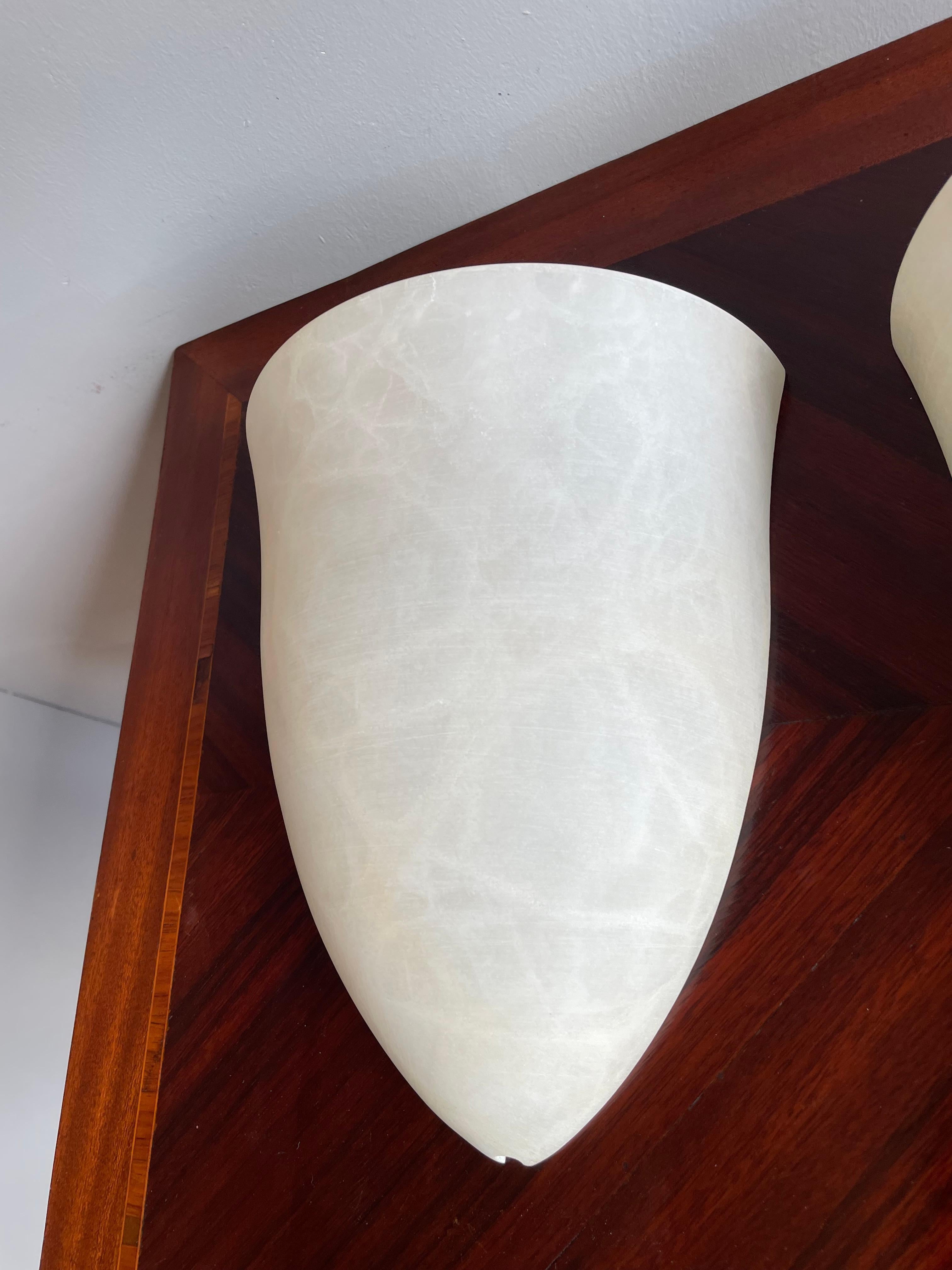 Set of 3 Art Deco Style Midcentury Era Cocoon Shape White Alabaster Wall Sconces In Excellent Condition In Lisse, NL