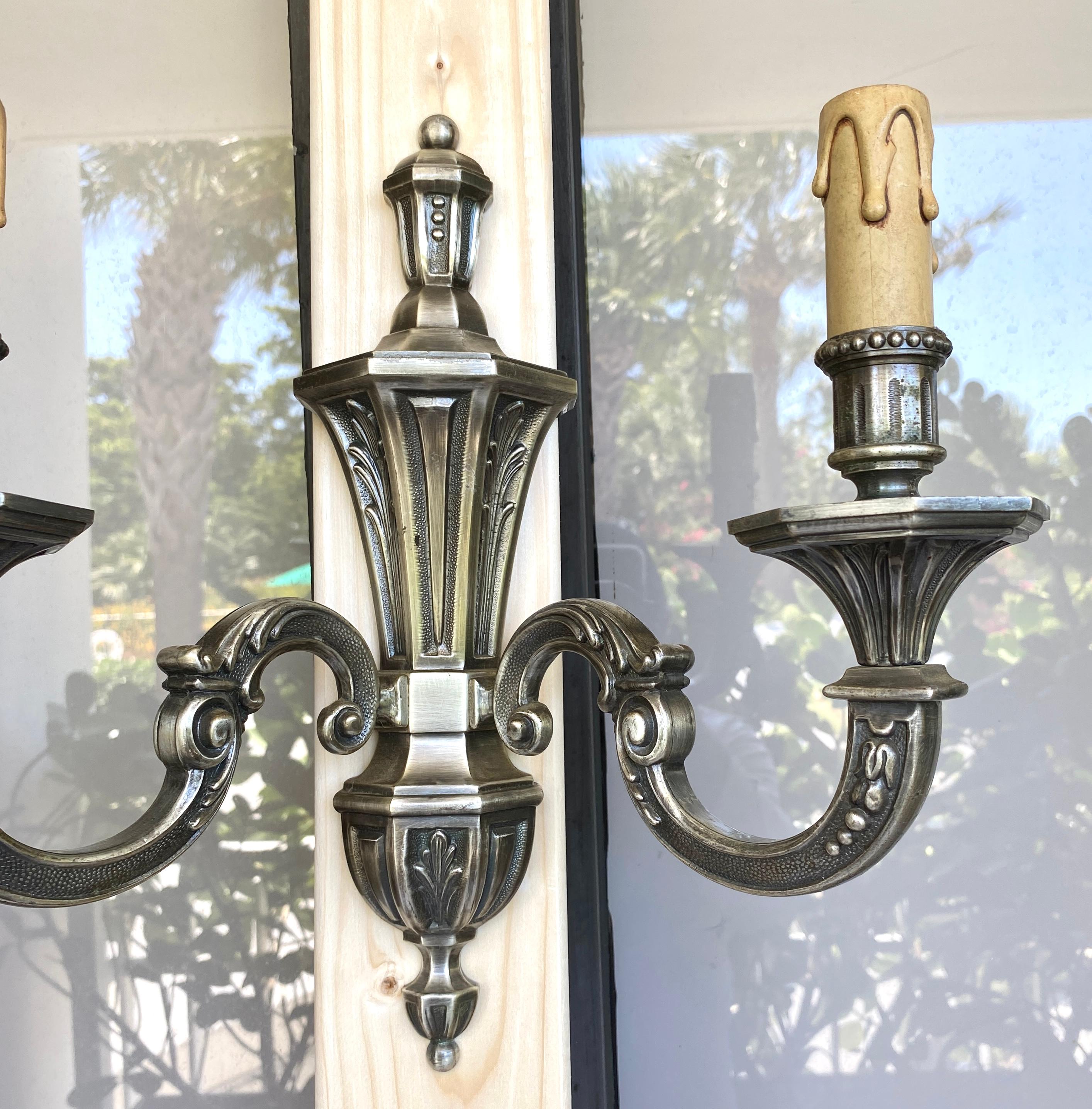 French Set of 3 Art Deco Style Silvered Bronze 2 Arm Wall Sconces, Electrified