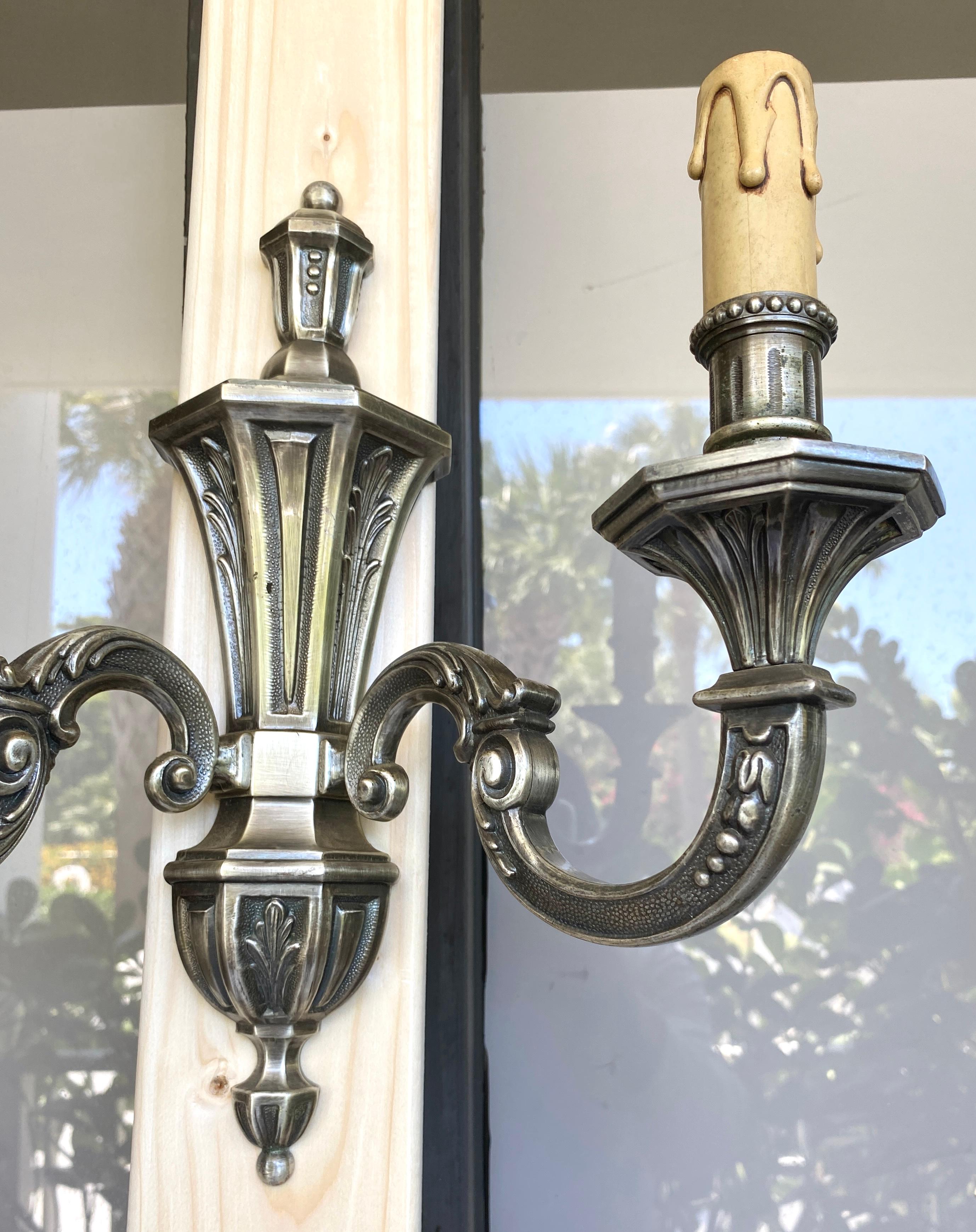 Set of 3 Art Deco Style Silvered Bronze 2 Arm Wall Sconces, Electrified In Good Condition In Miami, FL