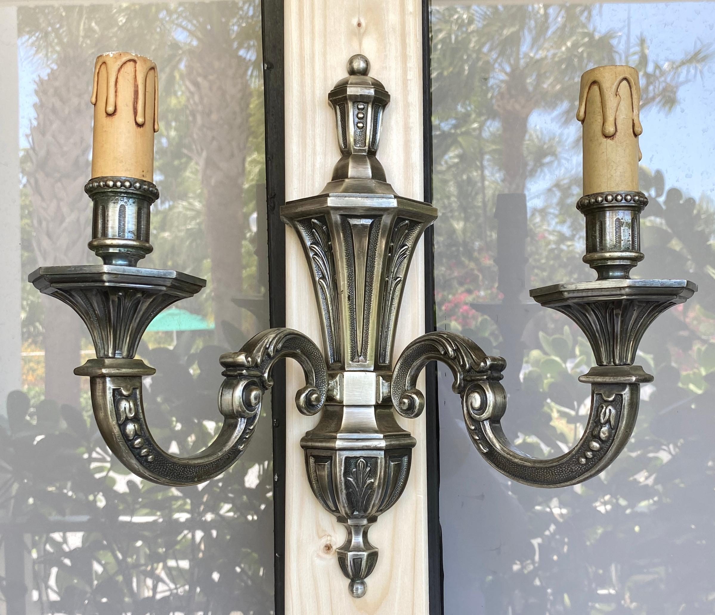 20th Century Set of 3 Art Deco Style Silvered Bronze 2 Arm Wall Sconces, Electrified