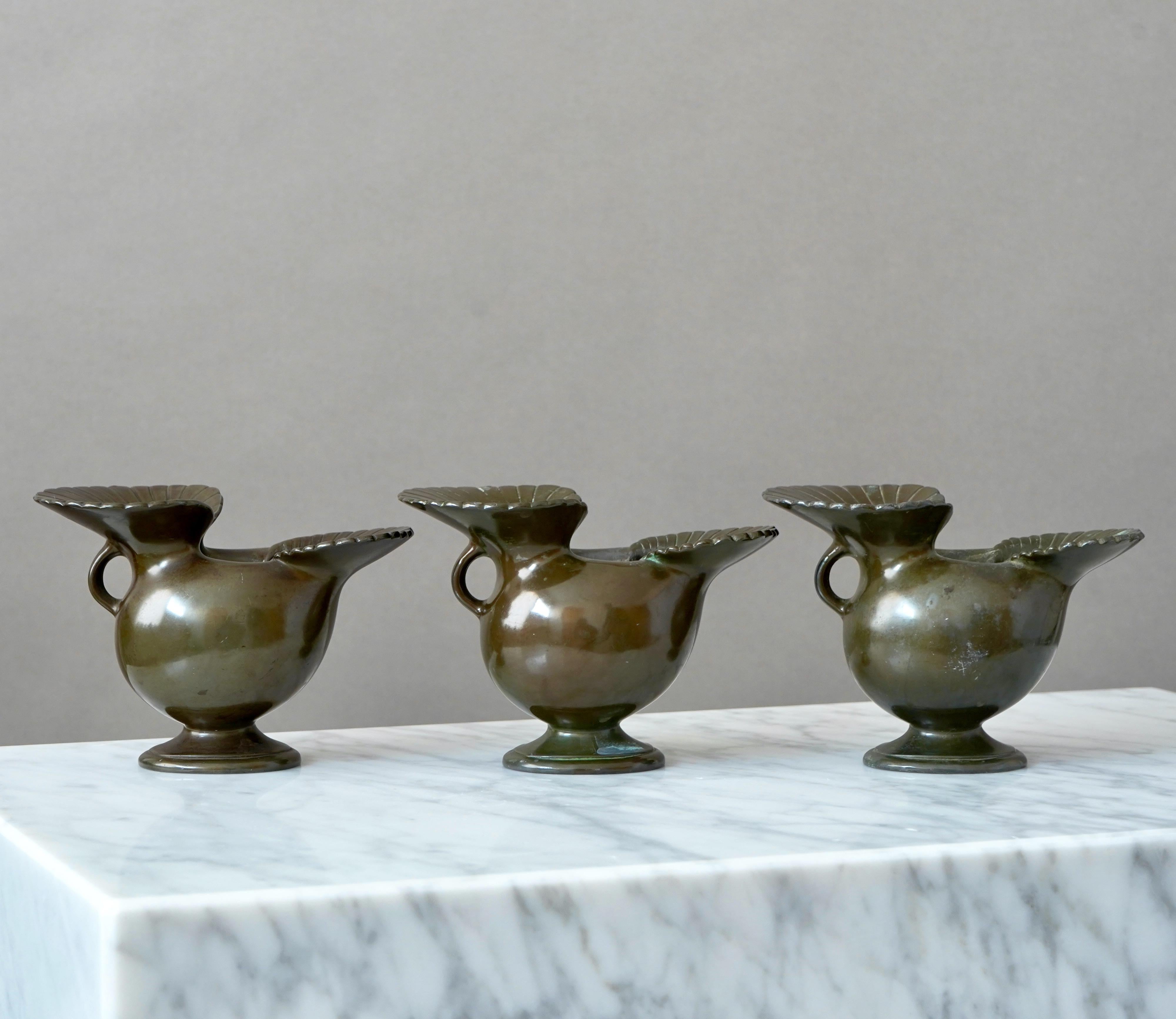 Metal Set of 3 Art Deco Vases by Just Andersen, Denmark, 1930s For Sale