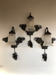 Set of 3 Art Deco Wall Lights Attributed to Hettier & Vincent