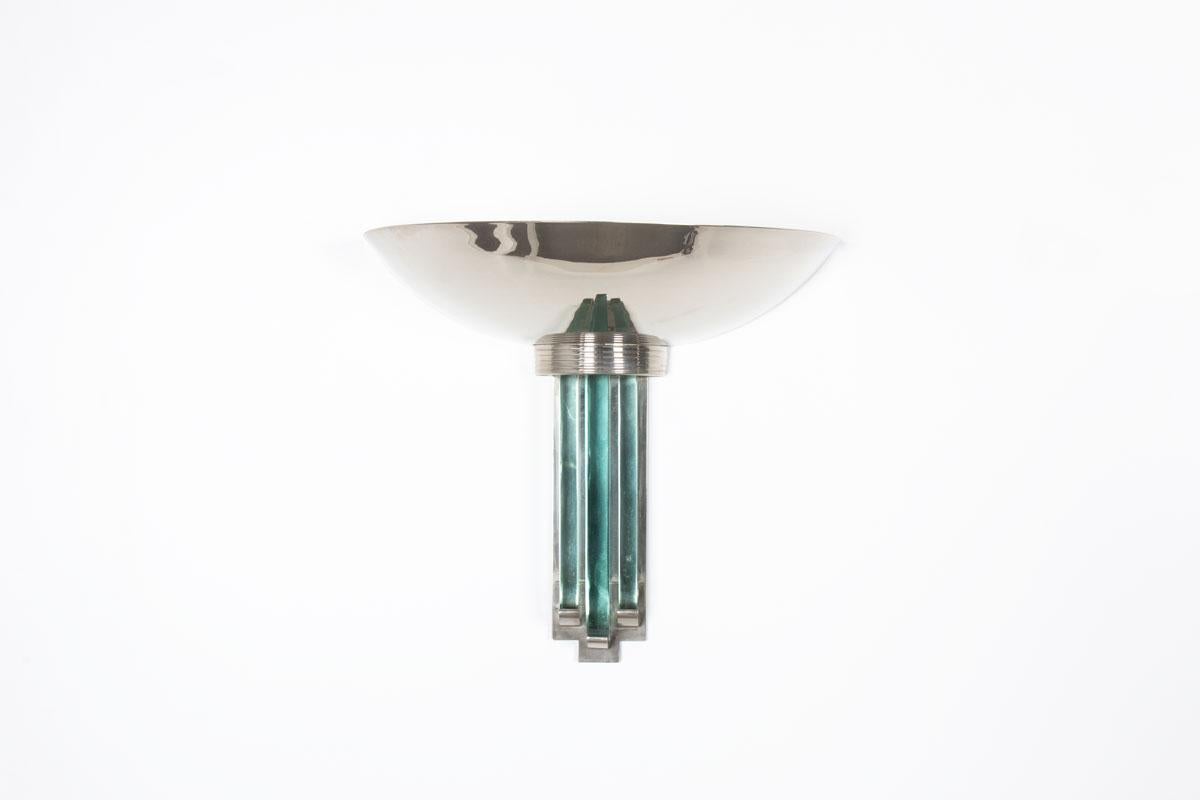 20th Century Set of 3 Art Deco wall lights in glass and metal, 1930s For Sale