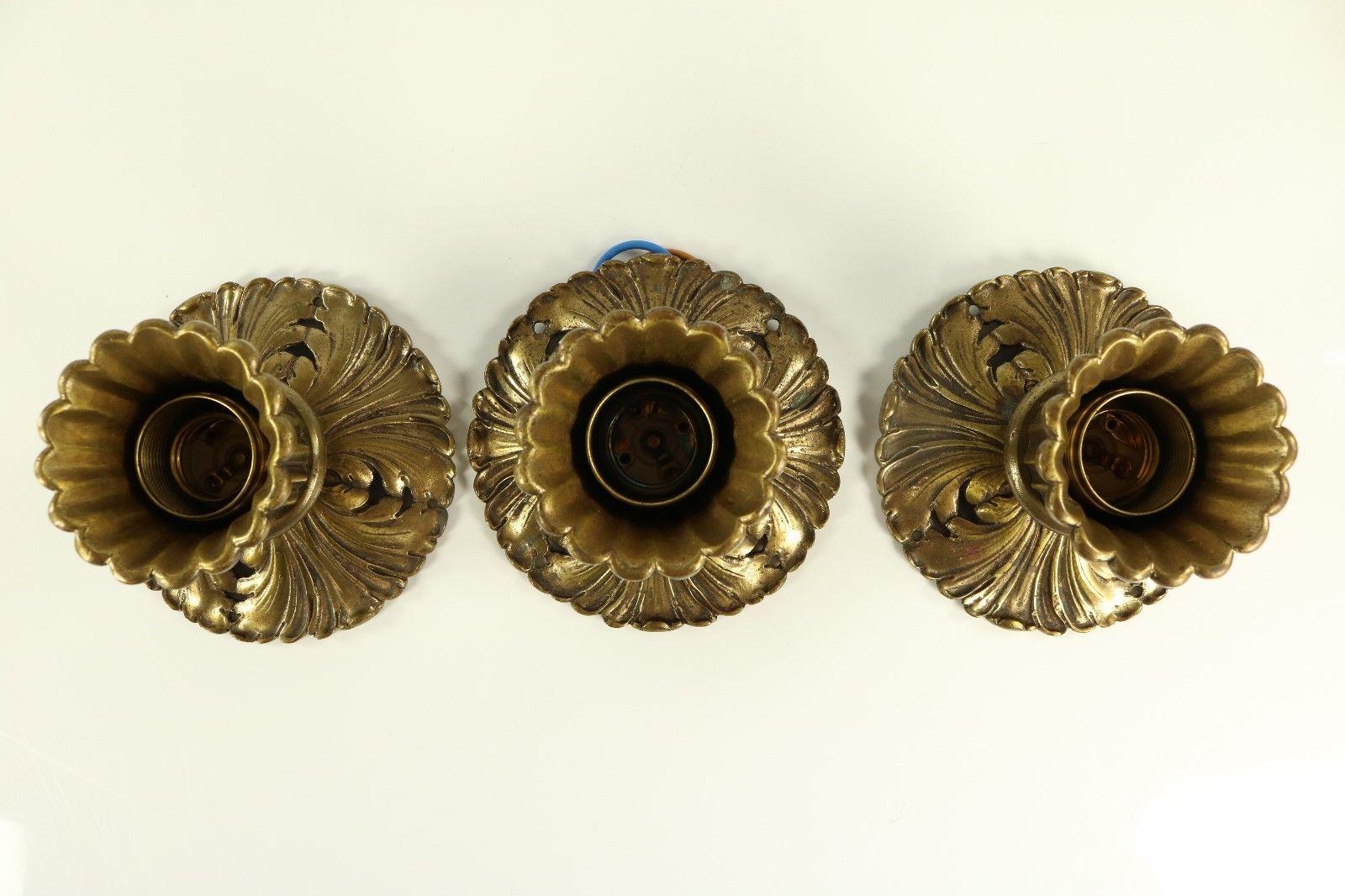 Cast Set of 3 Art Nouveau Brass Ceiling Lamps Flush Mount Lights, France, 1910s-1920s