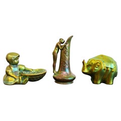 Set of 3 Art Nouveau green porcelain figurines by Zsolnay, Hungar 1930s