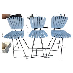 Set of 3 Arthur Umanoff Style Swiveling Slatted Bar Stools with Solid Iron Bases