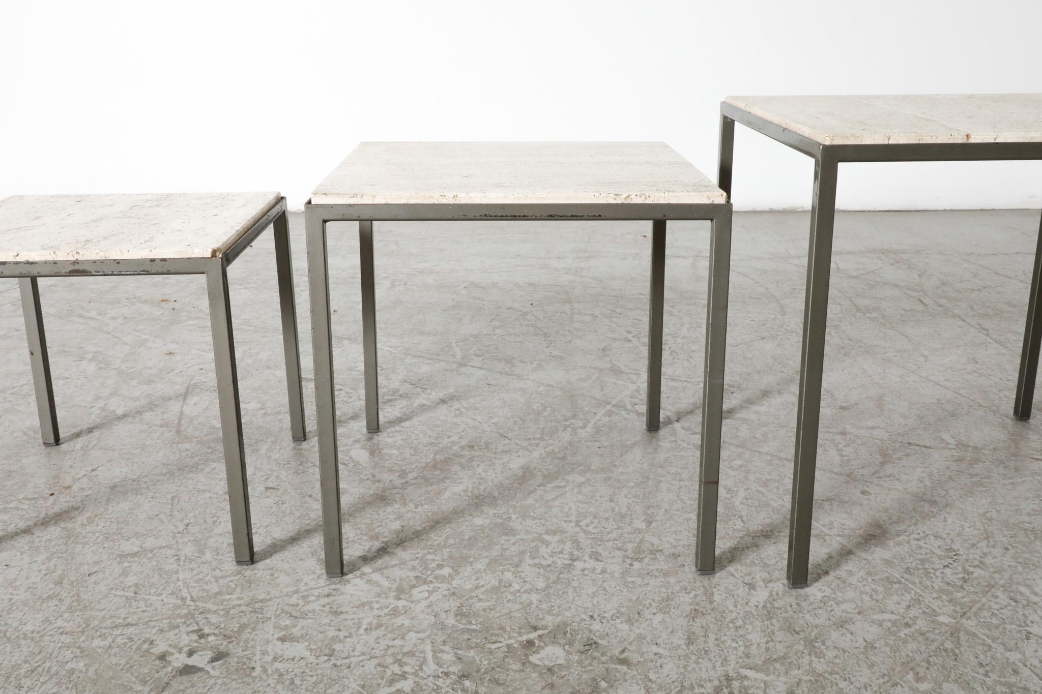 Set of 3 Artimeta (attr) Travertine and Metal Nesting Tables For Sale 4