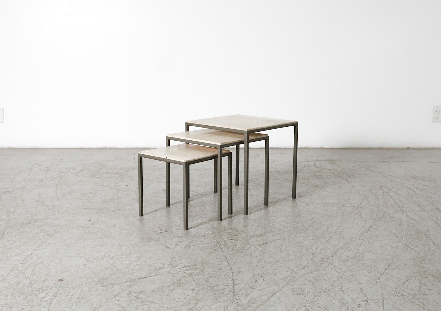 Set of 3 Artimeta (attr) Travertine and Metal Nesting Tables For Sale 12