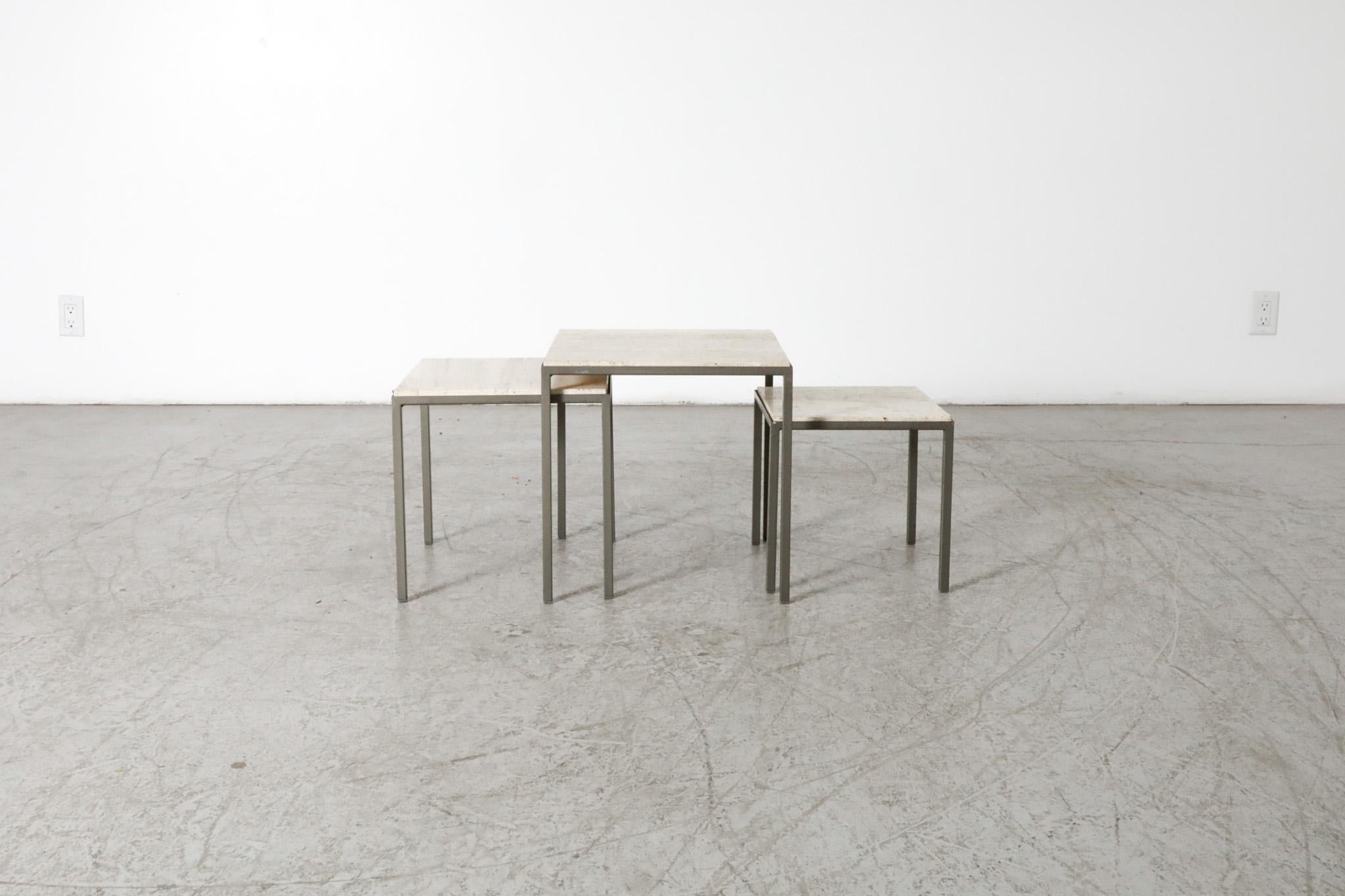Mid-Century Modern Set of 3 Artimeta (attr) Travertine and Metal Nesting Tables For Sale