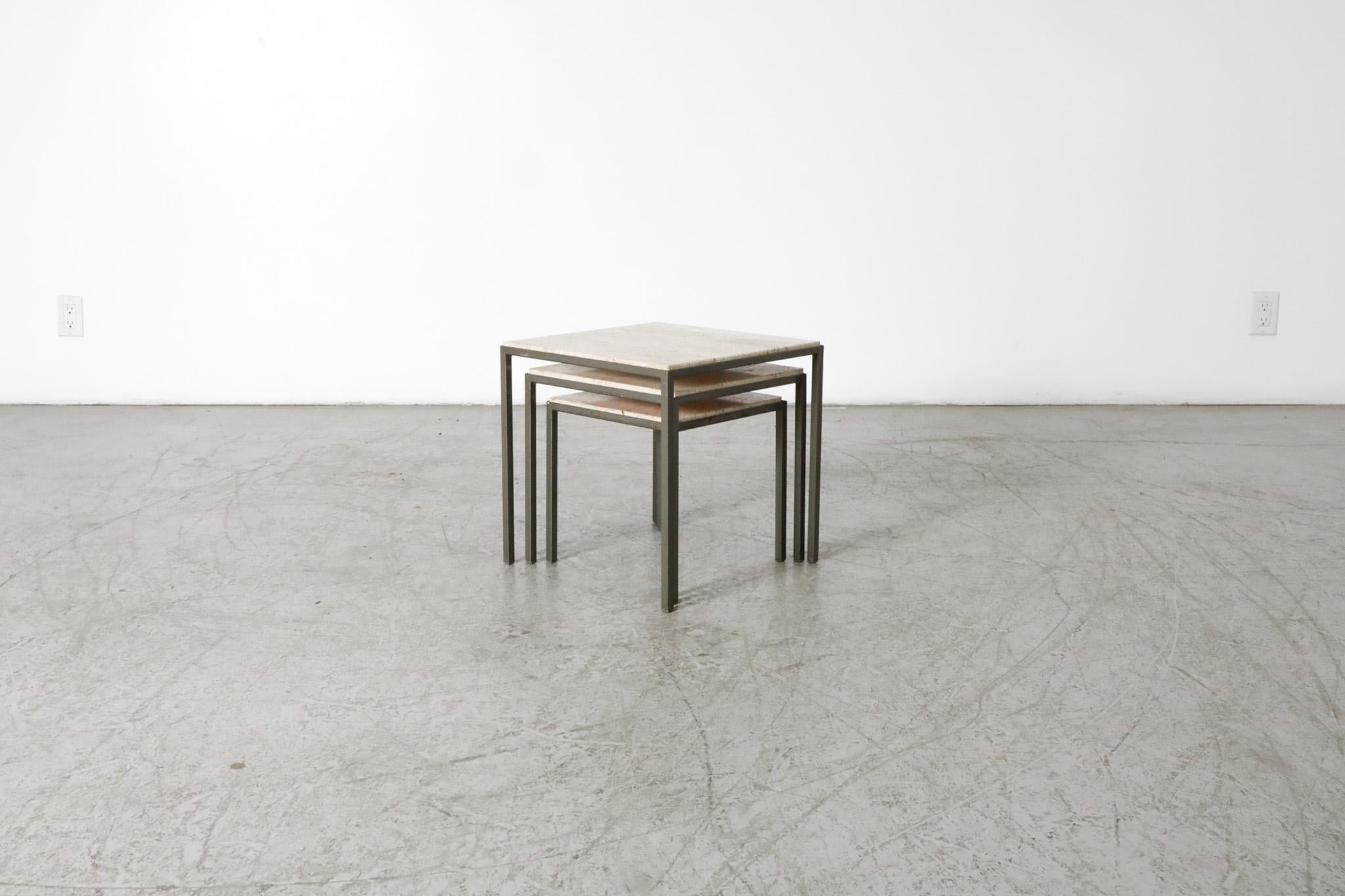 Set of 3 Artimeta (attr) Travertine and Metal Nesting Tables In Good Condition For Sale In Los Angeles, CA