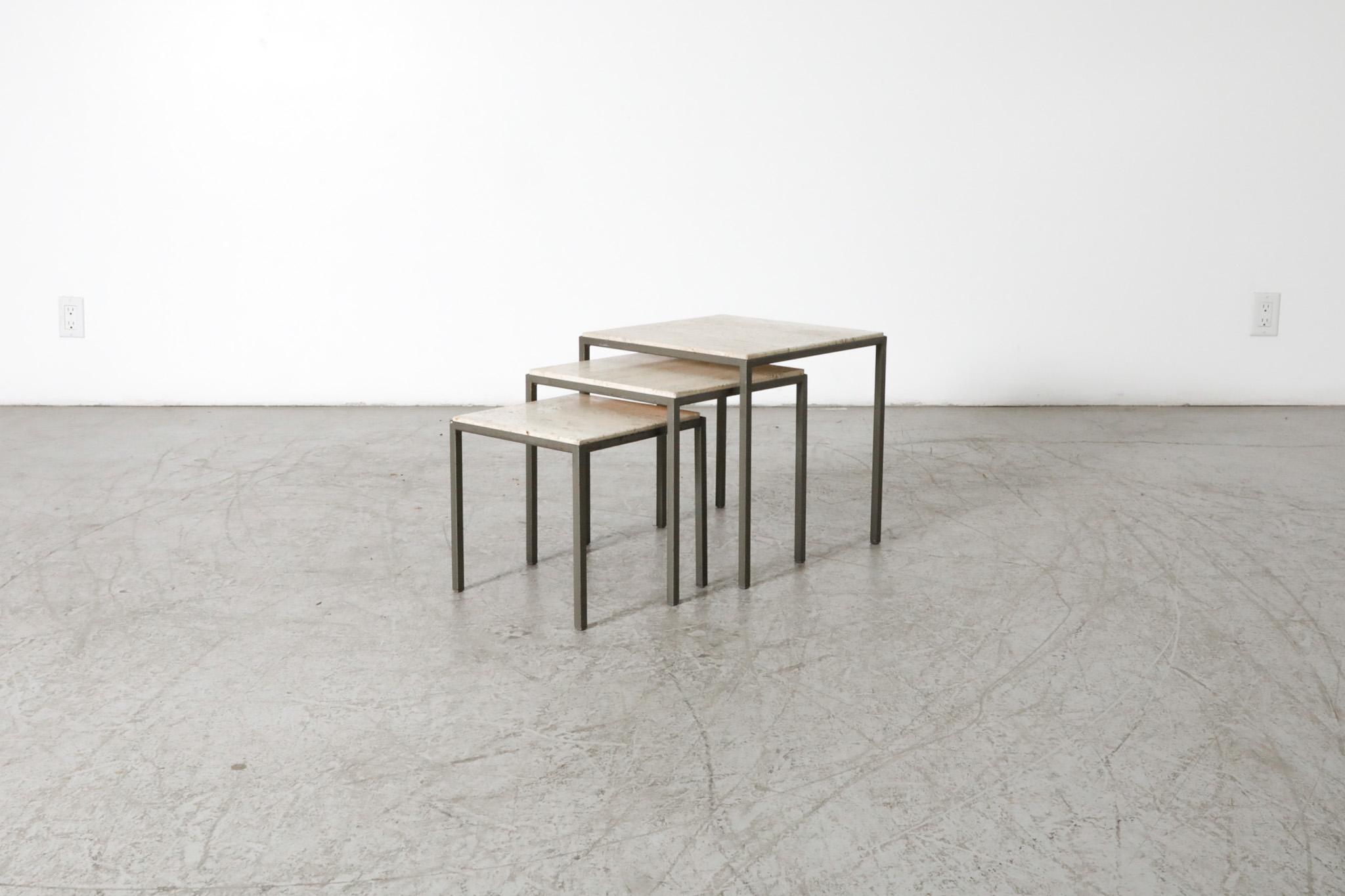 Mid-20th Century Set of 3 Artimeta (attr) Travertine and Metal Nesting Tables For Sale
