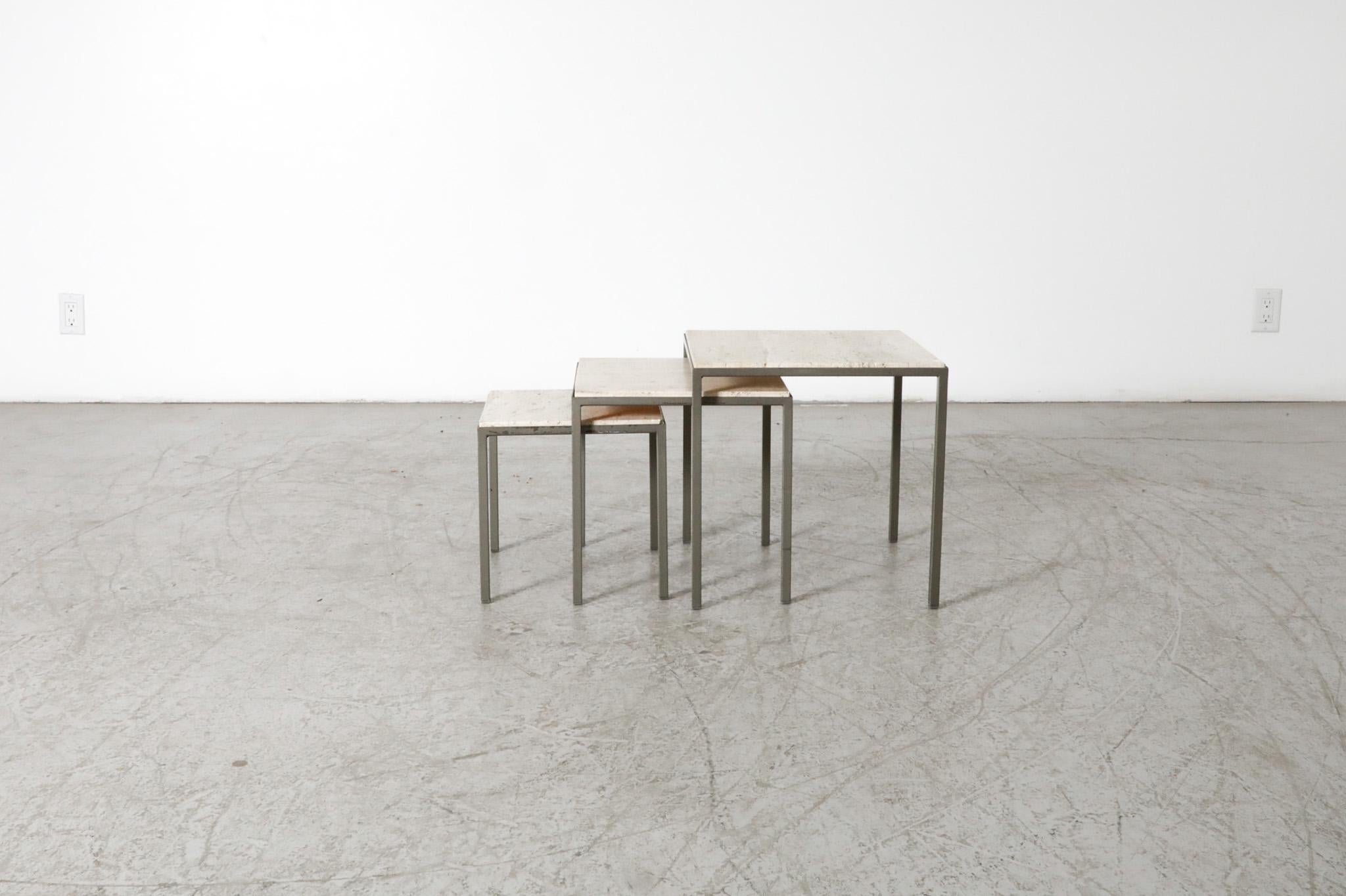 Set of 3 Artimeta (attr) Travertine and Metal Nesting Tables For Sale 1