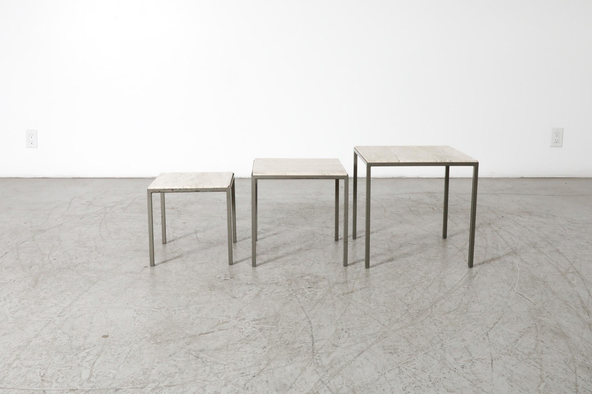 Set of 3 Artimeta (attr) Travertine and Metal Nesting Tables For Sale 2