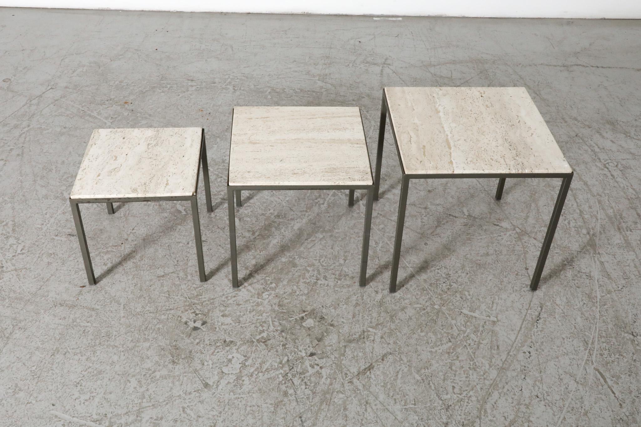 Set of 3 Artimeta (attr) Travertine and Metal Nesting Tables For Sale 3