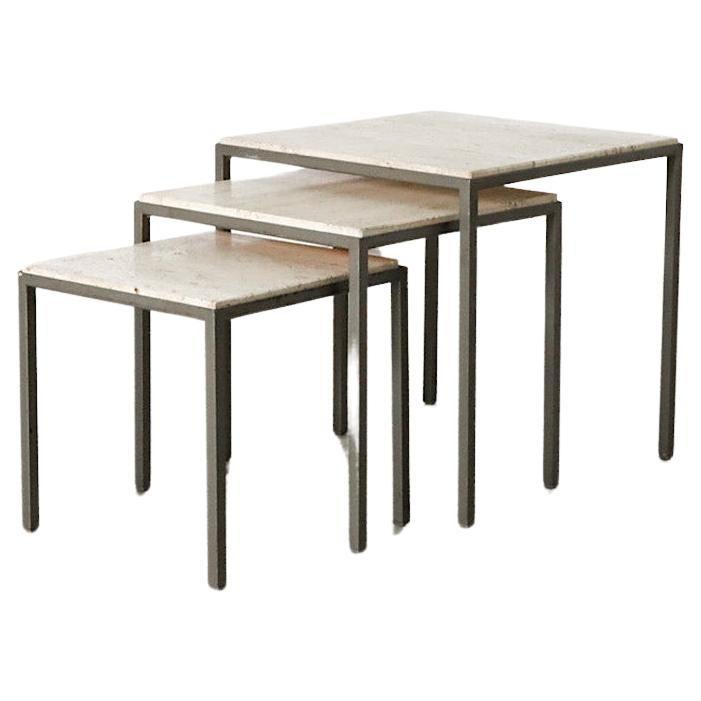 Set of 3 Artimeta (attr) Travertine and Metal Nesting Tables For Sale