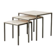 Set of 3 Artimeta Attributed Travertine and Metal Nesting Tables