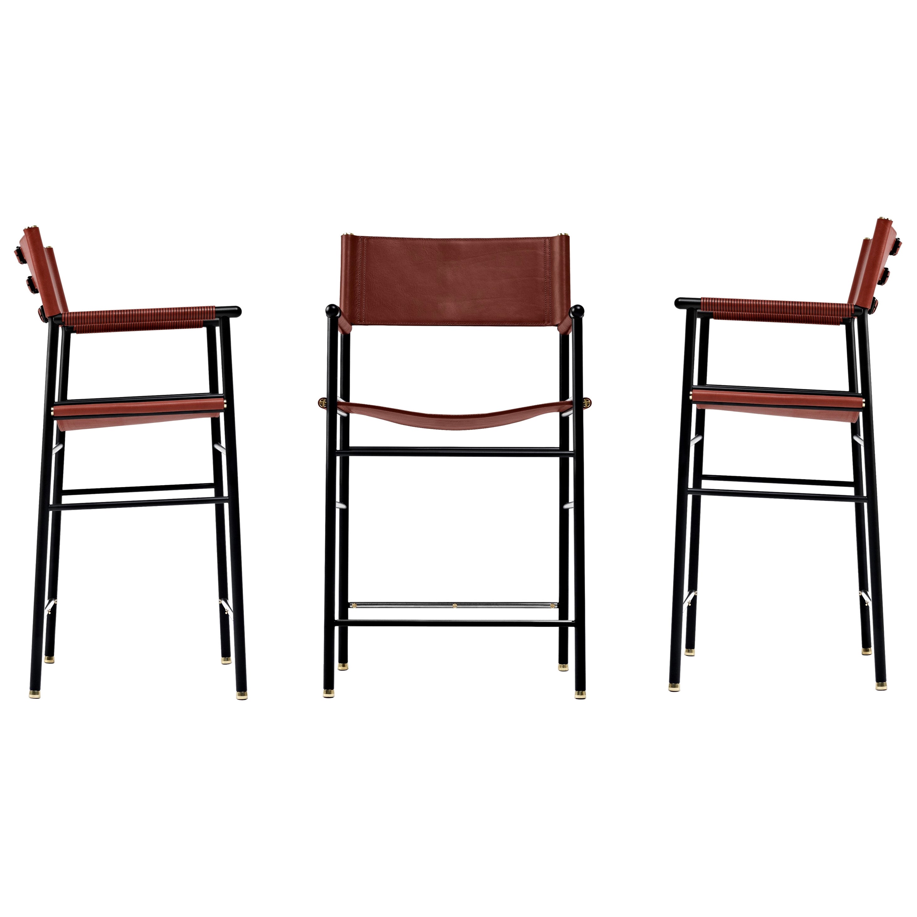 Set di 3 sgabelli da banco Artisan con schienale in pelle cognac, metallo nero e gomma